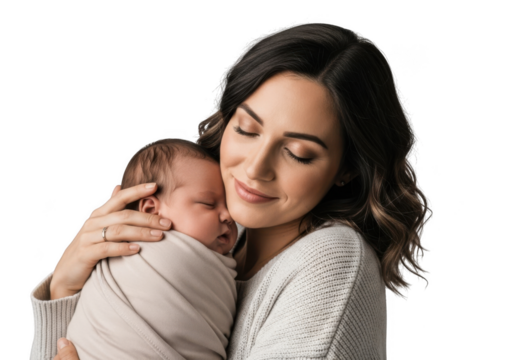 Loving mother holding her newborn baby isolated on transparent background, embracing the precious moment with tenderness