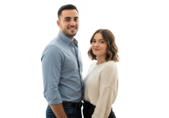 Attractive young couple posing isolated on transparent background, man in blue shirt and woman in white sweater