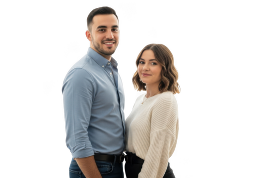 Attractive young couple posing isolated on transparent background, man in blue shirt and woman in white sweater - Powered by Adobe
