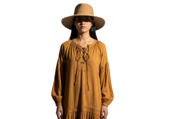 Young woman in a straw hat and mustard dress isolated on transparent background stands confidently looking forward