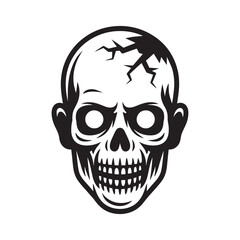 Creepy cracked skull with glowing eyes and grinning teeth in a dark spooky horror illustration
