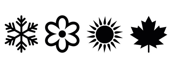 Minimal seasons weather icons set, snowflake flower sun and maple leaf silhouette, simple black vector design for seasonal concept illustration