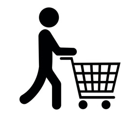 Stickman shopping cart icon, minimal human figure pushing trolley silhouette, black vector illustration for retail, supermarket, and consumer design