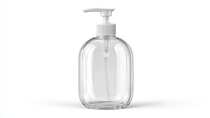 Clear glass soap dispenser bottle with pump on white background, minimalist bathroom accessory for hygiene, cleanliness, and modern interior design concepts