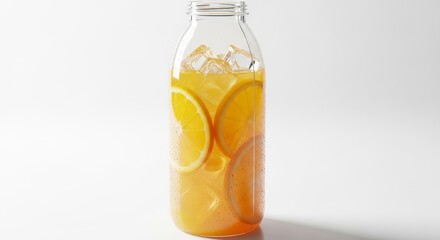 Refreshing orange juice with ice cubes and sliced oranges in a sleek glass bottle for summer vibes