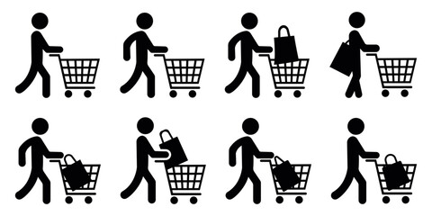 Stickman shopping trolley icon set, black human silhouettes pushing shopping carts, simple retail and consumer activity symbols, vector illustration pack