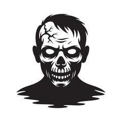 Spooky black and white illustration of a creepy zombie head with cracked skull and glowing eyes