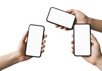 Three hands holding smartphones with blank screens isolated on transparent background for mockup template use