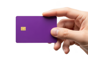 Close up of a hand holding a purple credit card isolated on transparent background, financial transaction concept