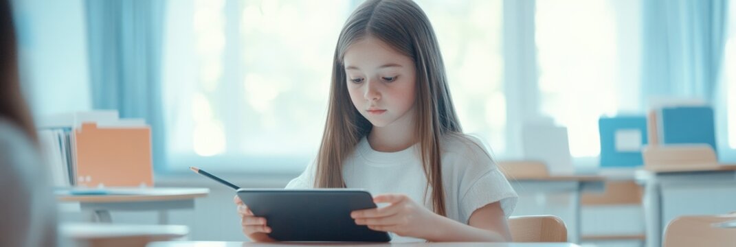 Elementary school student using a digital tablet and holding a pencil while sitting at her desk in a classroom, learning new technologies and digital literacy