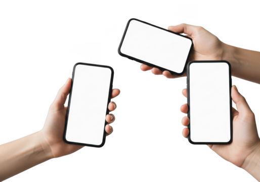 Three hands holding smartphones with blank screens isolated on transparent background for mockup template use