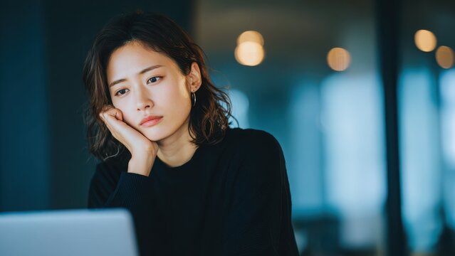 憂いを帯びた女性とパソコン作業 在宅ワーク ストレス ビジネス概念