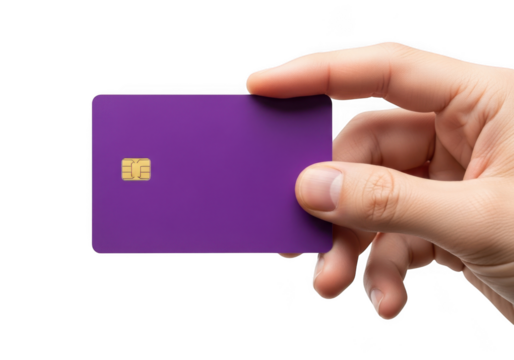 Close up of a hand holding a purple credit card isolated on transparent background, financial transaction concept