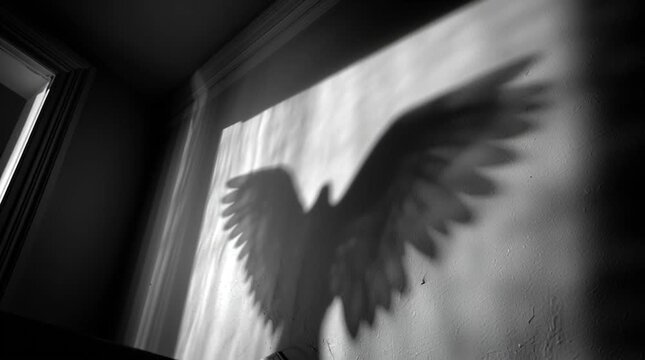 Artistic high-contrast scene showing the massive, dramatic shadow of an angel&rsquo;s wings cast across the wall of Mary&rsquo;s simple room, evoking awe, divine presence, and quiet reverence.
