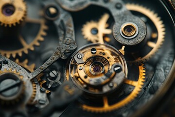 Close-up of intricate watch mechanism with gears and metallic components.