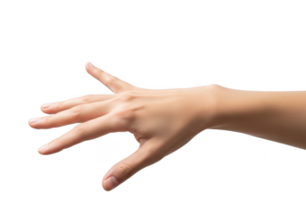 Female hand reaching out isolated on transparent background, showing gesture of grasping or grabbing something with fingers spread