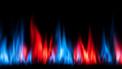 Minimalist fire background with red and blue flames on a black backdrop. Fog in red blue neon light on black background.