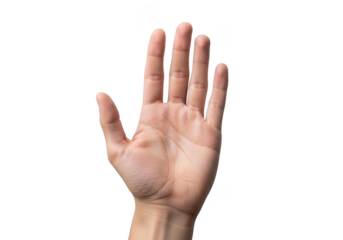 Human hand showing the number five isolated on transparent background, demonstrating a stop gesture or high five