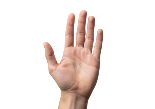 Human hand showing the number five isolated on transparent background, demonstrating a stop gesture or high five