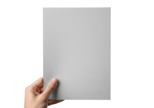 Hand holding a gray sheet of paper isolated on transparent background, perfect for adding your own text or image - Powered by Adobe