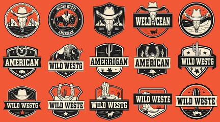 Vector art of a collection of vintage wild west badges and logos featuring buffalo skulls, cowboy hats, and westernthemed elements, perfect for branding, apparel, and rustic designs