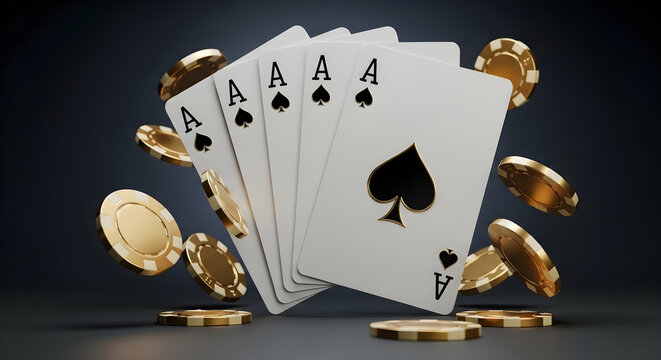 Poker hand of aces with gold casino chips gambling concept for winning and luck in card games and tournaments