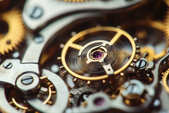 Close-up of intricate watch mechanism with gears and metallic components. - Powered by Adobe