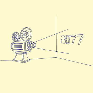 Vintage film projector with reel spools projecting the number 2077 onto a blank wall in a minimalist setting