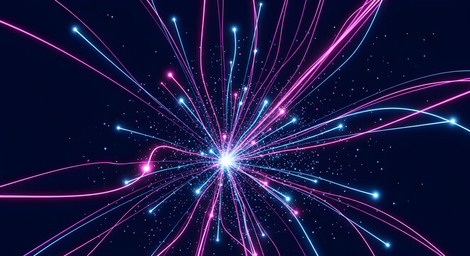 Abstract explosion of glowing neon light trails and particles emanating from a bright central core against a dark background, symbolizing energy and motion