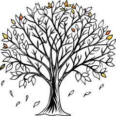 Vibrant autumn tree shedding colorful leaves in a detailed illustration isolated on white background isolated on transparent background