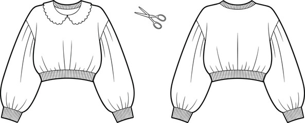 fashion, apparel, garment, clothing, top, blouse, cropped, outerwear, illustration, sketch, vector, design, template, outline, pattern, textile, fabric, collar, peterpan, gathered, sleeves