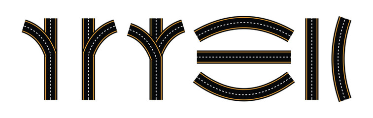 Set of Winding road asphalt road template. winding and curved road from a top view isolated from the background, illustration. Vector eps10