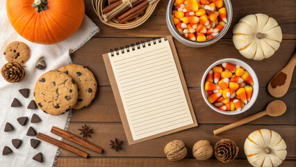 Colorful overhead image of fall ingredients like pumpkin puree, chocolate chips, spices, candy, and a blank notepad on white wood.