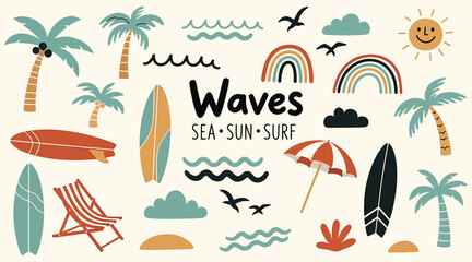 Vector art of a vibrant beach scene with palm trees, surfboards, and waves, inviting you to soak up the sun and enjoy the sea, perfect for a summer getaway and relaxation