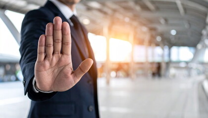 Businessman in Suit Showing Stop Hand Gesture to Signal Prohibition or Warning