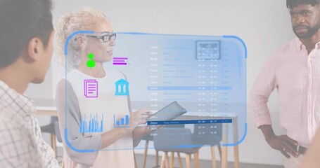 Woman tapping tablet initiating business data overlay as swiping charts and sharing data with team - Powered by Adobe