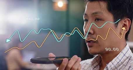 Businessman raising phone and speaking commands, animating data graphs for business analysis - Powered by Adobe
