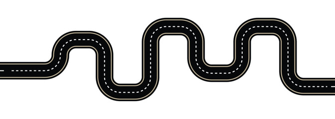 Road line. Wavy winding curves roads path. View on road map. highway road silhouette vector, road icon. Top view of race track and highway. Vector illustration 