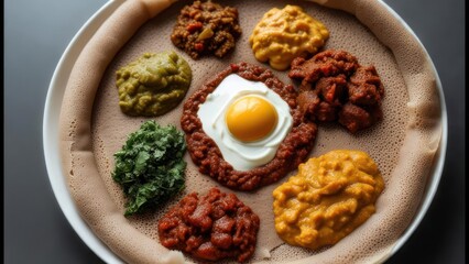 Vibrant Ethiopian cuisine platter featuring injera bread with assorted flavorful stews and a perfectly cooked fried egg, a feast for the senses