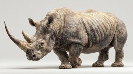 Obraz premium Detailed studio portrait of a white rhinoceros with prominent horns against neutral gray background, showcasing textured skin and powerful physique in professional wildlife photography