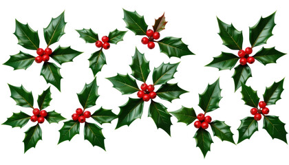 A Collection of Festive Holly Leaves and Berries Holiday Decorations Nature Background Close-up View