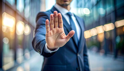Businessman in Suit Showing Stop Hand Gesture to Signal Prohibition or Warning
