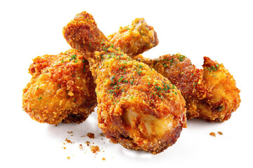 Crispy golden fried chicken wings isolated on white background