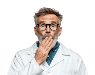 Surprised scientist reacts to discovery in laboratory science portrait isolated on transparent background