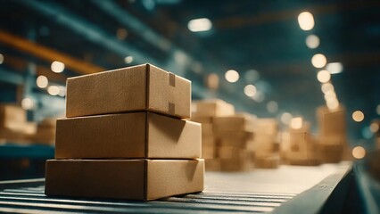 A close-up shot of three cardboard boxes stacked atop a conveyor belt. The image encapsulates the precision and efficiency of a modern production facility.