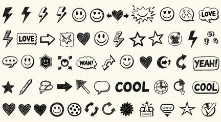Vector art of a playful assortment of handdrawn doodles, featuring emoticons, symbols, and expressive elements, creating a whimsical and lighthearted collection