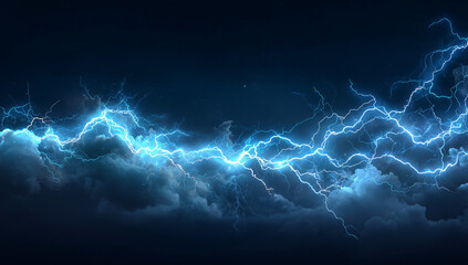 Fototapeta premium Blue Electric Lightning Strike. Bright Blue Electric Lightning in Dynamic Stormy Night, Glowing blue electric energy streams on dark background, 