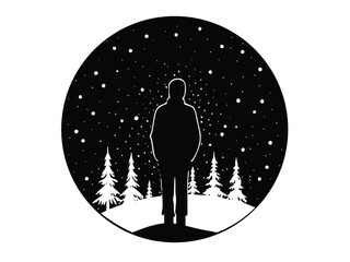 Vector art of person standing in winter landscape under starry sky