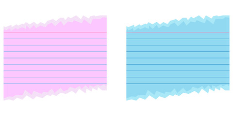 Torn pastel and pink notepad paper sheets with blue and pink lines isolated on transparent background