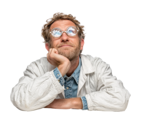 Scientist's reflection on ideas in a creative laboratory isolated on transparent background